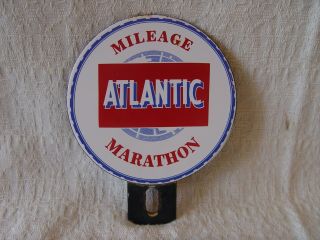 Old Atlantic Mileage Marathon 2 - Piece Porcelain Advertising License Plate Topper