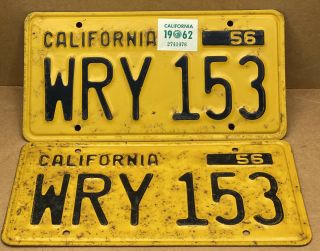Rare Pair 1956 Dmv Clear Wry 153 (california) Car License Plate - Vintage