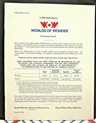 Vtg 1986 " Wow - Worlds Of Wonder " Common Stock Prospectus - Ipo - Teddy Ruxpin