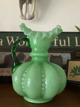 Fenton Green Hobnail Glass Jug Pitcher Vintage Glassware