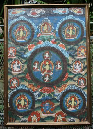 Antique Tibetan Buddhist Thangka Painting Framed Bodhisattva Buddha