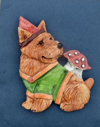 Norwich Terrier.  Garden Gnome.  Handsculpted Ceramic Wall Plaque.  Ooak.  Look