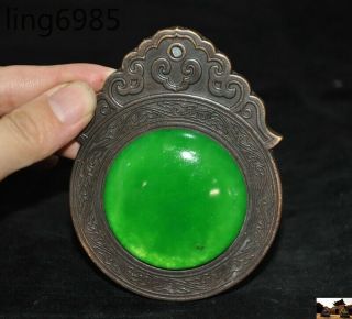 Old China Dynasty Palace Bronze Inlay Green Jade Gem Dragon Loong Command Pass