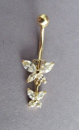 Vintage C&b 14k Yellow Gold Cz Double Butterfly Dangle Belly Ring Bar Piercing