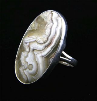 Vintage Large Crazy Lace Agate Stone Sterling Ring Sz 9 Laughter Stone Cream Tan