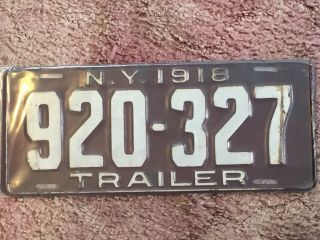 1918 Ny Trailer License Plate,  Rare And 100 Outstanding Color.