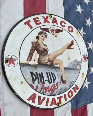 1934 Vintage Texaco Gasoline Porcelain Gas Pin Up Airplane Service Aviation Sign