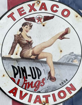 1934 VINTAGE TEXACO GASOLINE PORCELAIN GAS PIN UP AIRPLANE SERVICE AVIATION SIGN 3