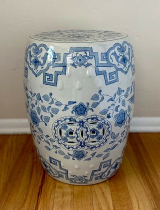 Vintage Chinese Blue & White Porcelain Garden Seat Stool,  H 18” X W 12 1/2”