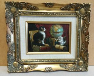 Vintage Oil Painting Of Naughty Cats In Library W/globe Signed M.  Stanley Framed