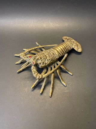 Vintage 1950s Mid Century Brass Lobster With Red Jewel Eyes Nautical Figure
