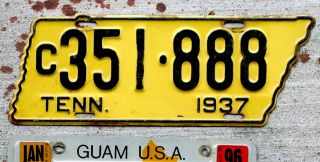 1937 Black & Yellow Tennessee State Shaped License Plate C = Under 3501 Lbs.  Car