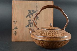2833: Xf Japanese Iron Flower Sculpture Tea Kettle Teapot Tetsubin W/signed Box