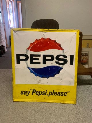 Vintage " Say Pepsi Please " Sign Large With Color
