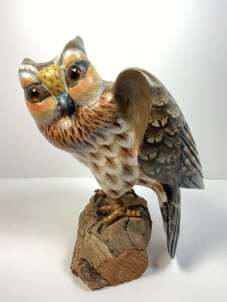 Vintage Wooden Carved Owl Bird Hand Painted Solid Wood Statue Figurine