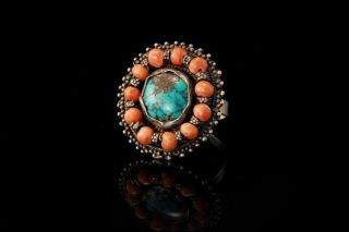 Antique Chinese Turquoise Coral Sterling Adjustable Ring A89988