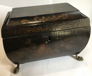 Antique 19th Century Black Lacquer Chinoiserie Decorated Tea Caddy English