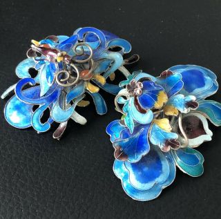 Antique Chinese Pair Silver Enamel Ornament For Hair Or Make Pin Brooch Pendant