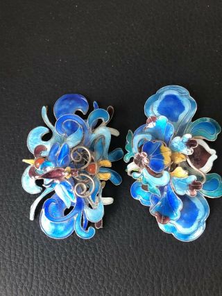 Antique CHINESE PAIR Silver Enamel Ornament for Hair OR Make Pin Brooch Pendant 2
