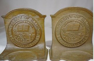 Vintage/antique Pair University Of Illinois Seal Brass Bookends Set 6.  5 " 1867