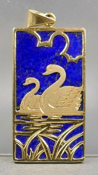 Fine Old Vtg Chinese 14k Gold Overlay Carved Lapis Lazuli Swans In Pond Pendant