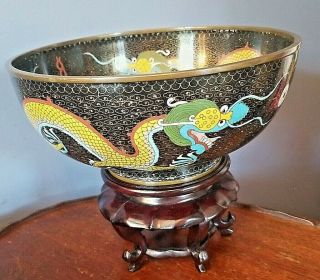 Vintage Chinese Cloisonné Dragon Bowl 8.  5 " Diameter With Wooden Stand