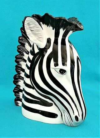 Vintage Fitz & Floyd Large Glazed Ceramic Zebra Head Vase 9 " Planter Black White