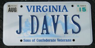 2015 Virginia Sons Of Confederate Veterans License Plate,  " J Davis "