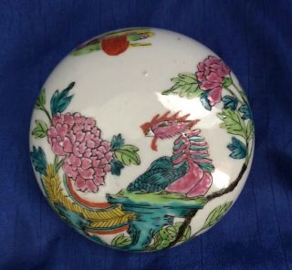 Antique Famille Rose Chinese Export Porcelain Round Box Trinket Bird Floral