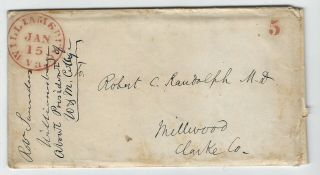 1847 Stampless Cover,  Williamsburg,  Va From Robert Saunders,  Pres William & Mary