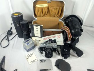 Vintage Minolta Srt 201 35mm Camera Rokkor - X Lens Case Filters Flash Bundle