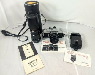 Vintage Minolta SRT 201 35mm Camera Rokkor - X Lens Case Filters Flash Bundle 2