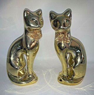 2 Mid Century Modern Vintage Ceramic Siamese Cat Gold Metallic 11 " Tall