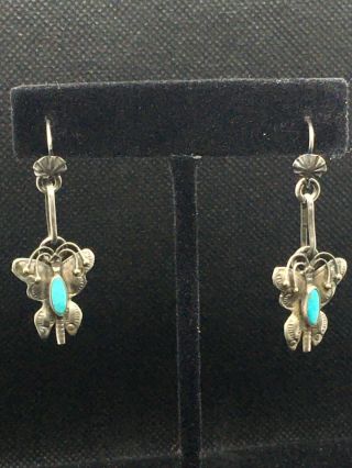 Vintage Fred Harvey Era Sterling Turquoise Navajo Butterfly Dangle Earrings