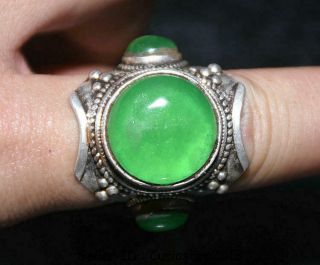 1.  4 " Old Chinese Dynasty Palace Silver Inlay Green Jade Gem Jewelry Ring Rings