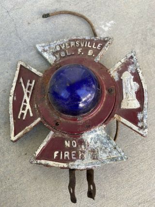 Vintage Maltese Cross Fire Dept Emblem W/ Blue Emergency Light Fireman Cast Iron