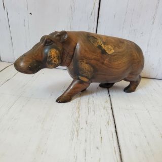 Hand Carved Dark Swirl Wood Hippopotamus Hippo Sculpture Wooden Art Figurine