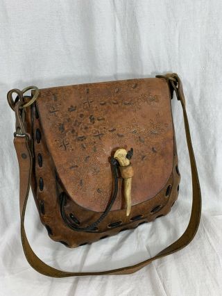 Vintage Brown Leather Hand Tooled Stitched Shoulder Bag With Horn Seafarer