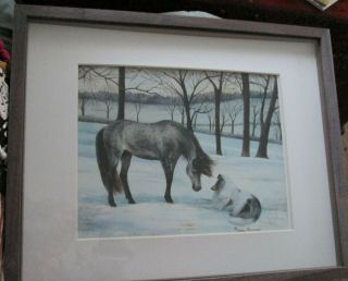 " Cindy Alvarado " Framed Matted Print,  Dapple Grey Pony And Blue Merle Collie