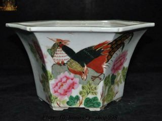 9 " Chinese Wucai Porcelain Text Bird Peony Flower Potted Plants Bonsai Flower Pot