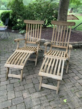 2 Vintage Teak Wood Chaise Lounge With Brass Hardware Steamer Deck Chair