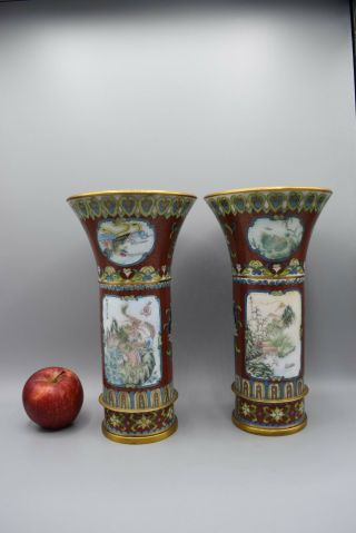Pair Chinese Cloisonne Famille Rose Gu Vases Dragon Phoenix Republic Period 20th
