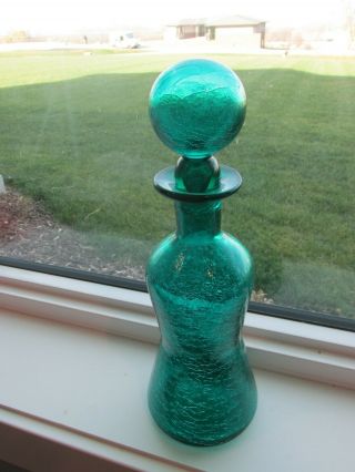 Vintage Teal Crackle Glass Decanter Ball Stopper 14 3/4 " Blenko Or Rainbow Glas