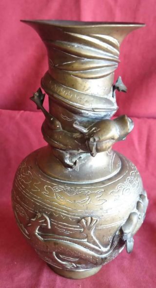 Vintage Asian Bronze Brass Dragon Vase Urn Signed Marked China Chinese Dragons
