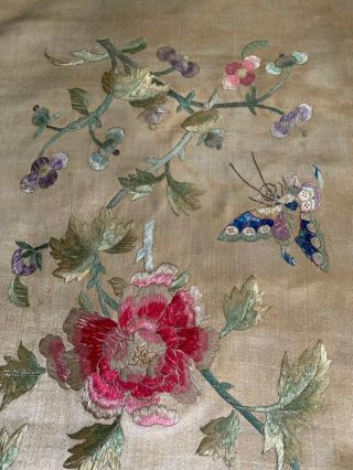 Antique Finely Hand Embroidered Chinese Silk Panel Butterflies Flowers 35 " X 17 "