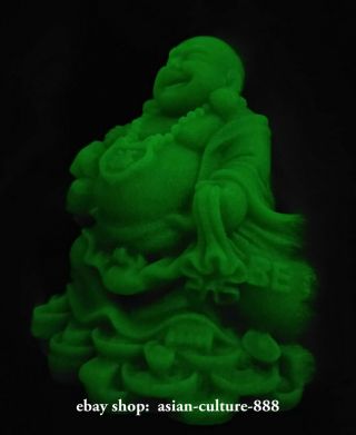 Glow In The Dark Green Jade Stone Happy Maitreya Buddha Yuanbao Money Bag Rich A