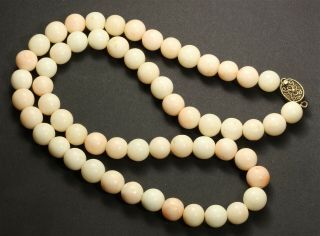 Vintage Chinese Hand Carved White/pink Coral Bead Necklace W/925 Silver Clasp