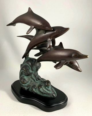 5 Dolphins Sculpture Statue Swimming Ocean Wave Bronze Brass Décor