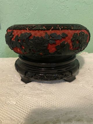 Red & Black Carved Cinnabar & Cloisonne Chinese Bowl W/stand