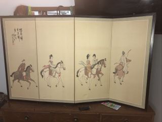 Vintage Japanese 4 Panel Folding Screen Byobu Painting On Silk